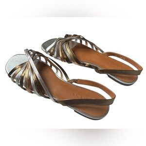 Clergerie Paris Ingrid Metallic Women’s Flat Sandals Gold Silver US 11.5 New